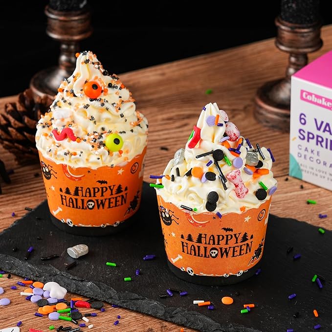 Halloween Sprinkles Mix - 6.35 oz 6 Variety Packs | Candy Eyeballs, Skull, Ghost, Tombstone, Black Orange Purple Green Nonpareils, Jimmies, Confetti & Sanding Sugar for Cake Decorating Cookies Cupcake Spooky Party