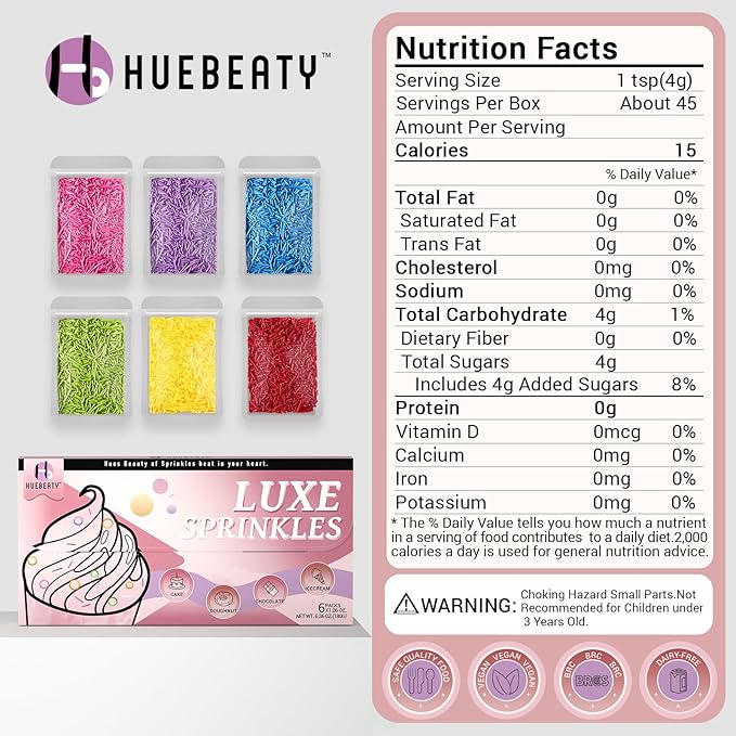HUEBEATY 6-in-1 Rainbow Jimmies Sprinkles Bulk – 180g Neon Edible Sprinkles for Cake Decorating, Cupcakes, Cookies, Ice Cream & Birthday Desserts – Edible Candy Toppers & Rainbow Cake Decorations