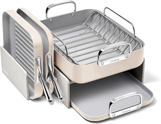 Caraway Square Cookware Set - Square Pans Set - Perfect for Griddling, Toasting, Searing, Roasting, and More - Non-Stick Ceramic Coated Pans - Non Toxic, PTFE & PFOA Free - Cream