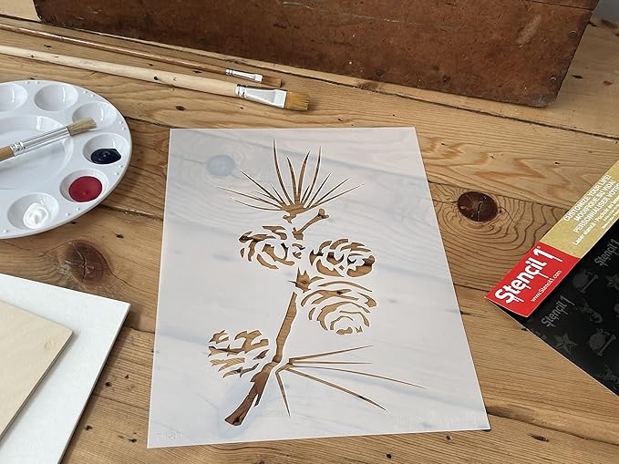 Stencil1 Pine Branch Stencil – Reusable Winter Template for DIY Crafts, Holiday Decor, Painting on Wood, Fabric, Cards & More - 5.75" x 6"