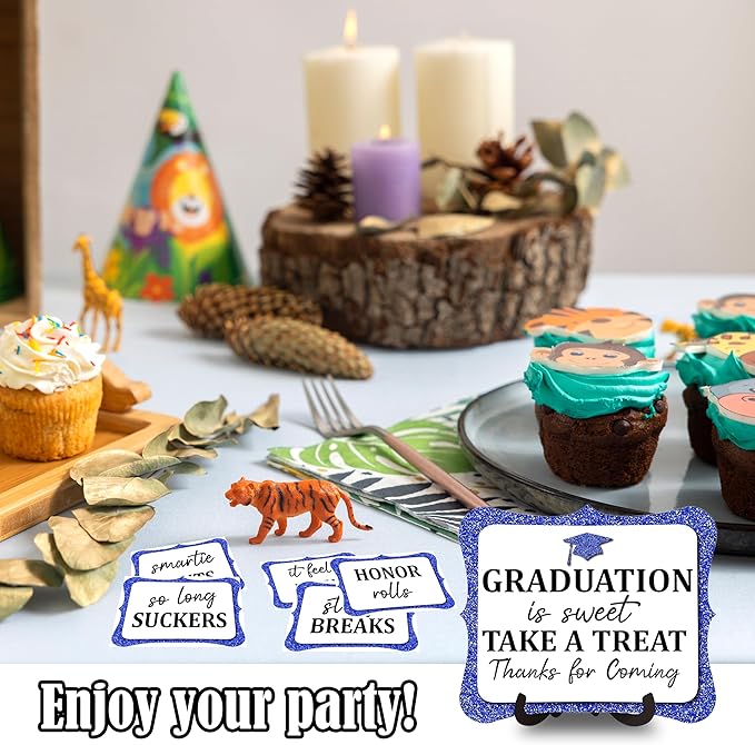 20PCS Graduation Candy Buffet Labels, 1 Blue Glitter Candy Buffet Table Sign with Stand, Catering Supplies Display for Graduation Decorations Class of 2026 -A01