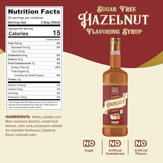 ChocZero Sugar Free Hazelnut Syrup for Coffee - Keto Flavoring Syrups - Low Calorie Simple Syrup for Flavored Drinks – 25.4 Fluid Ounces