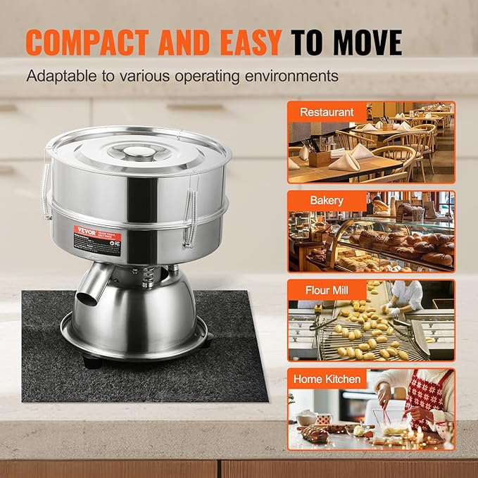 VEVOR Automatic Electric Vibrating Sieve, Stainless Steel Sifter Shaker Machine with 10+60 Mesh, 45W Automatic Powder Sifter Machine Countertop, Electric Sieve Shaker for Flour Powers, Mungbean, Rice