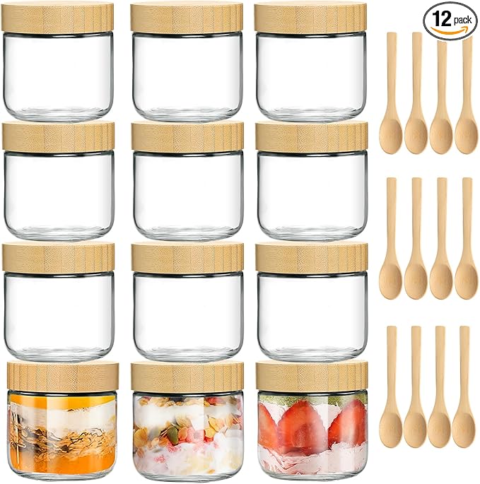 12 Pack 10oz Glass Jars with Bamboo Lids, Spoons, Airtight Overnight Oats Containers, Salad & Yogurt Storage, Mason Jars for Snacks, Spices, Meal Prep – Reusable