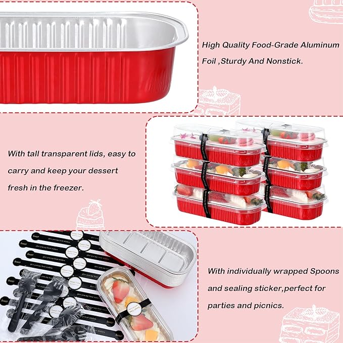 Mini Loaf Pans with Lids and Spoons (100 Pack, Red, 6.8oz) Rectangular Aluminum Foil Baking Pans