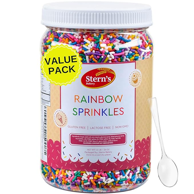 Rainbow Sprinkles | Bulk Sprinkles Rainbow Jimmies-1.5 LB in Resealable Container | Sprinkles for Cake Decorating, Ice Cream Toppings & Baking | Nut-Free, Gluten Free & Lactose Free | Stern’s Bakery