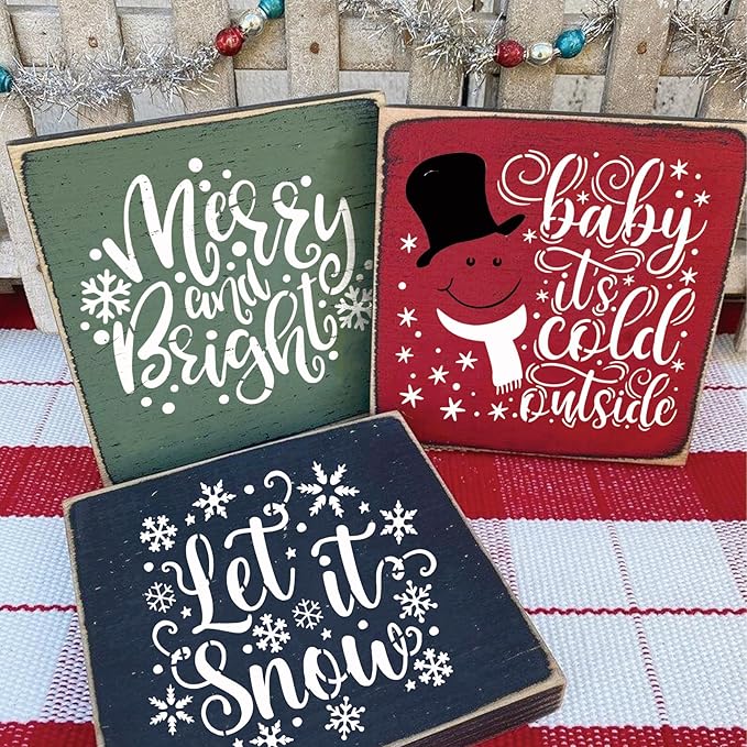 Christmas Stencils for Painting on Wood Reusable Snowflake Large Merry Christmas Pine Tree Nativity Holiday Stencil Snow Templates for Wood Sign Window Floor Crafts Doormats(Christmas Words)
