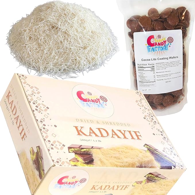 Premium 500gr Dried & Shredded Kadayif and 1 Lb Coating Melting Wafers Milk Chocolate Baking Cocoa Lite, Chocolate for Dubai Chocolate (Kataifi) Fillo Dough, Kurutulmus Kadayif Pastry Dough, Phyllo Dough Kosher