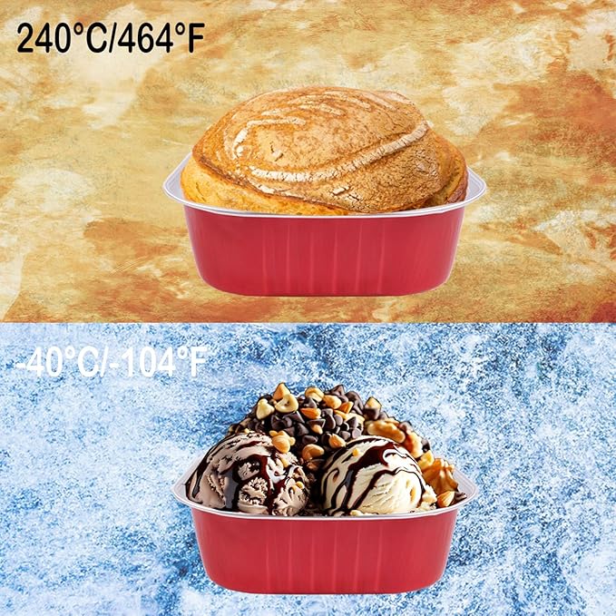10oz Mini Cake Pans With Lids 50 Pack Aluminum Foil Square Brownie Baking Cups,4”x4” Disposable Loaf Pans With Lids and Spoons Stickers,Large Cupcake Pans Muffin Cake Tins Cake Container(Red)