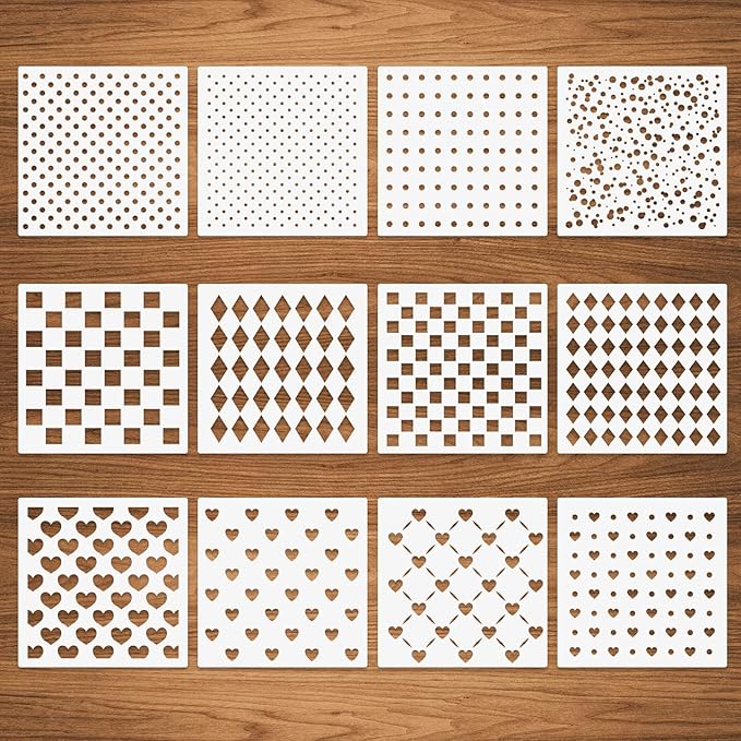 12 Pcs Mixed Media Stencils, Polka Dot Checkered Heart Stencils, Assorted Sizes Repeating Patterns for Painting on Wood Furniture Pillows Wall Scrapbook Card Making DIY Craft 6"x6"