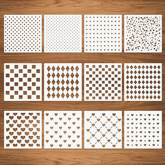 12 Pcs Mixed Media Stencils, Polka Dot Checkered Heart Stencils, Assorted Sizes Repeating Patterns for Painting on Wood Furniture Pillows Wall Scrapbook Card Making DIY Craft 6"x6"