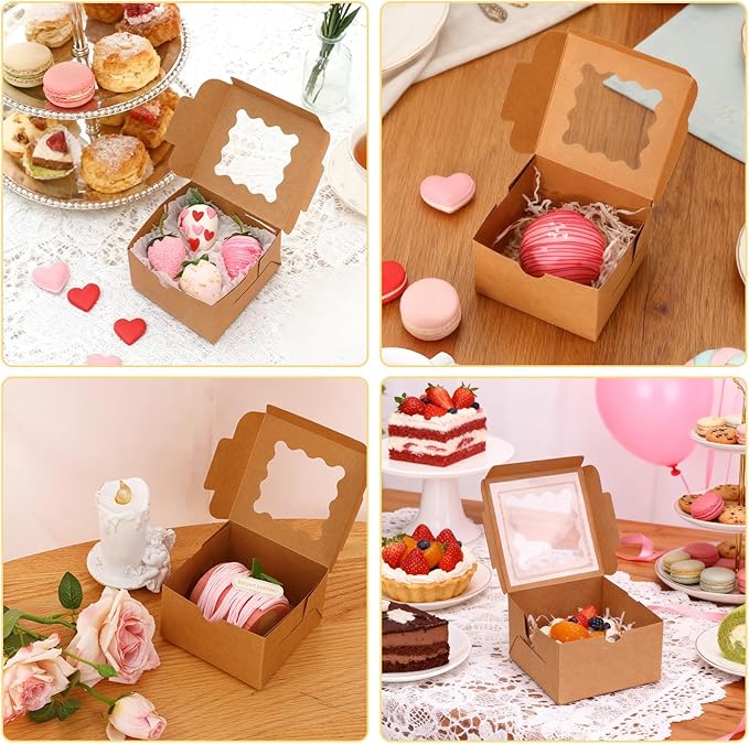 Moretoes 24pcs Bakery Boxes with Window, 4x4x2.5 Inches Brown Cookie Boxes for Small Pastries, Cookies Treats and Desserts