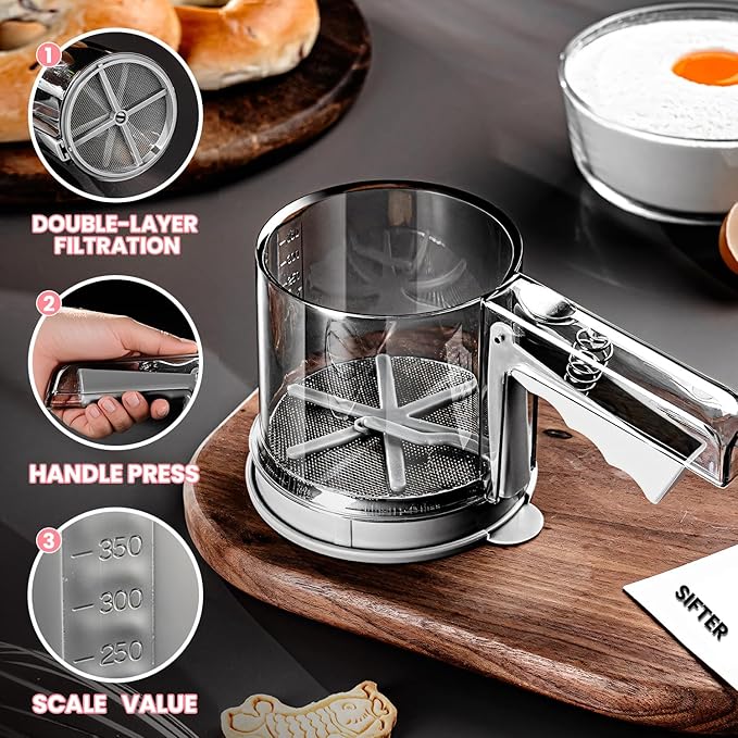 3-Cup Flour Sifter, Sifter for Baking Straight Handle & Press Double-Layer Fine Mesh Filter - Food Grade Stainless Steel Suitable for All Baking Flour Powdered Sugar Almond Powder and Cocoa Powder
