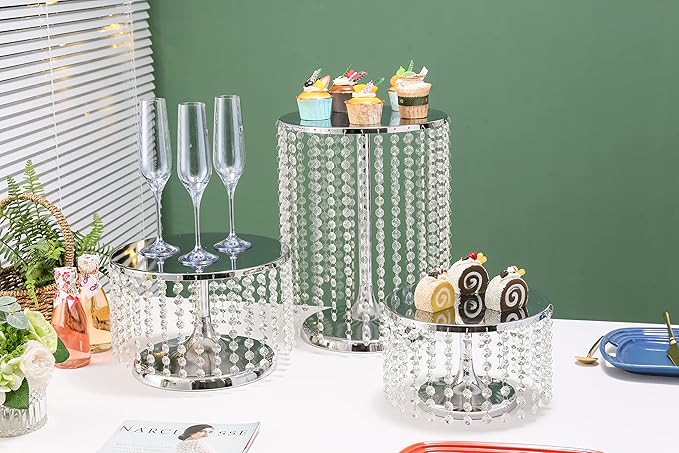 LANLONG Cake Stand for Dessert Table 12 Inch Silver Crystal Pendants Metal Cake Stand Serves as A Round Dessert Cupcake Display Plate for Table, Wedding, Party, Event