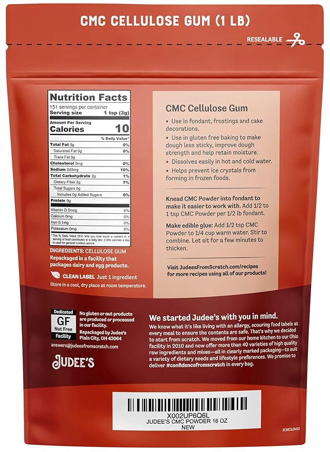Judee's Gluten Free CMC Powder - Fondant Glue for Decorations with CMC Powder for Fondant - Gluten Free Baking Aid & Cellulose Gum - Ice Cream Stabilizer with Carboxymethyl Cellulose - 1 lb (16 Oz)