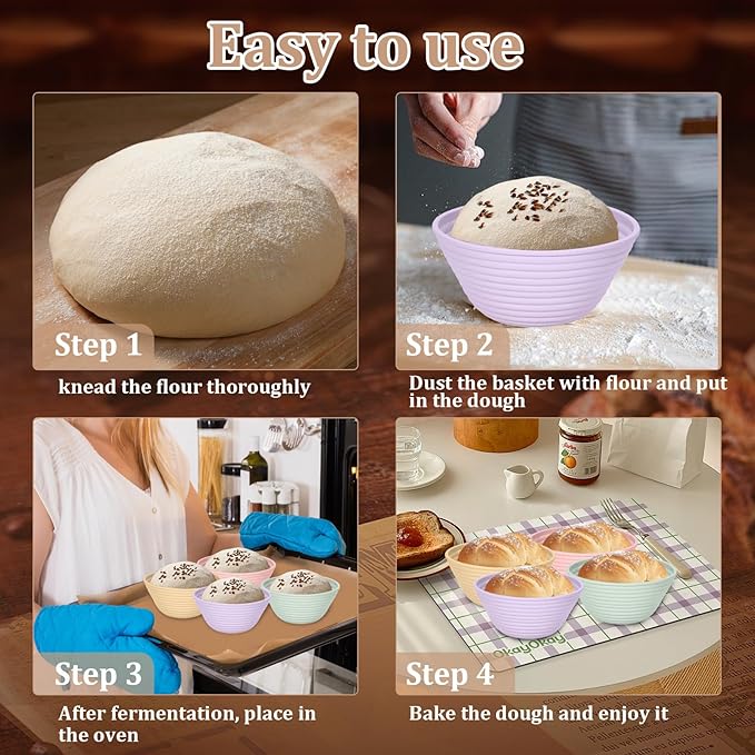 4Pcs Mini Silicone Banneton Bread Proofing Baskets, 5" Sourdough Banneton Proofing Baskets, Non-Stick Round Dough Proofing Bowl Containers Oven Safe for Various Tastes Bread Making-BPA Free