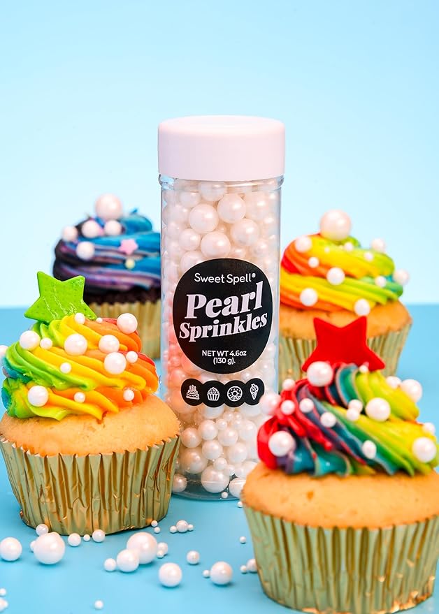 Sweet Spell White Pearl Sprinkles for Cake Decorating (130g/ 4.6oz) - Sugar Candy Ball Pearls for Cupcakes, Ice Cream Toppers, and Baking Cake Decoration