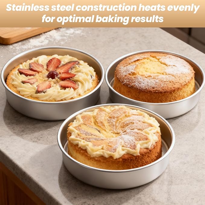 3 Pcs Round Cake Pans, 8 inch Stainless Steel Baking Pans for Birthday,Wedding,Party, Mirror Finish & Dishwasher Safe