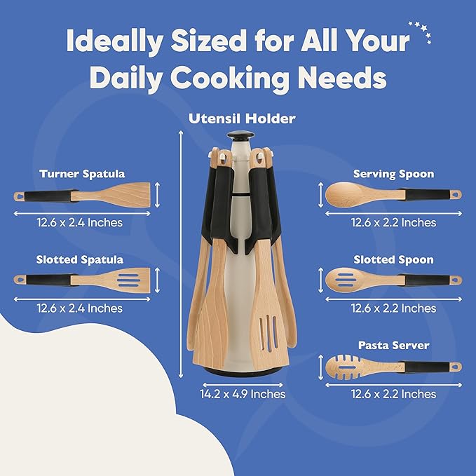 Chef's Path Wooden Cooking Utensils Set – 5-Piece Beech Wood Kitchen Utensils Set with Silicone Spoon Rest, Wooden Spatula, Serving Spoon, Wooden Spoons for Cooking & Rotating Utensil Holder, Black
