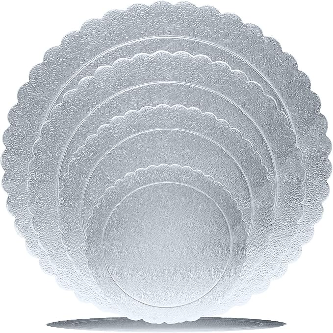 Goiio 4 Pack Cake Boards, Scalloped Cake Circle Base, 6, 8, 10, 12 Inch Cake Base Cardboard 1 of Each Size Set for Baking Cake, Silver