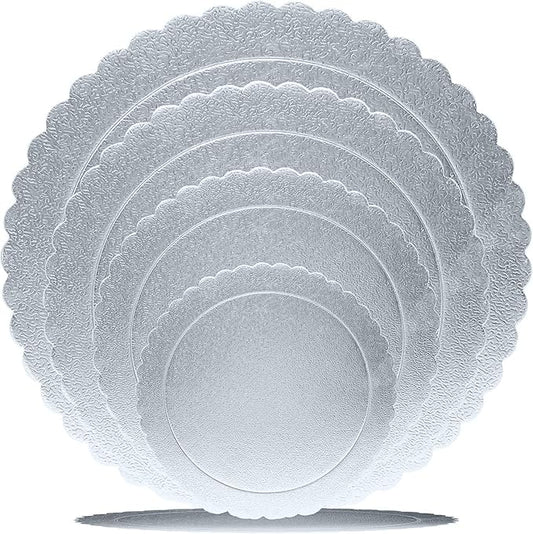 Goiio 4 Pack Cake Boards, Scalloped Cake Circle Base, 6, 8, 10, 12 Inch Cake Base Cardboard 1 of Each Size Set for Baking Cake, Silver