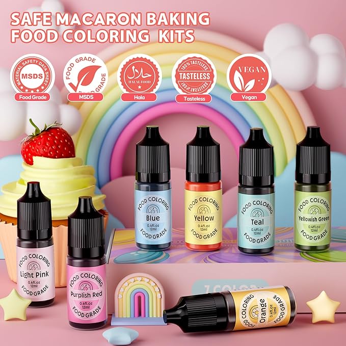 Cherrysea Food Coloring for Cake Decorating Macaron Edible Food Dye for Baking Royal Icing Cookie Supplies Gluten Free 7x12ml Food Grade Liquid Food Color Kits, 0.4 Fl. Oz/Bottles