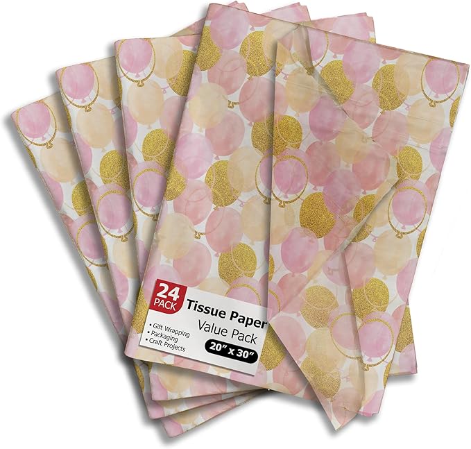 Pink and Gold Balloons Birthday Printed Tissue Paper for Gift Bags or Boxes and Wrapping - Bulk Decorative Art Tissue Paper for Packaging and Gifting | 24 Sheets 20" x 30"
