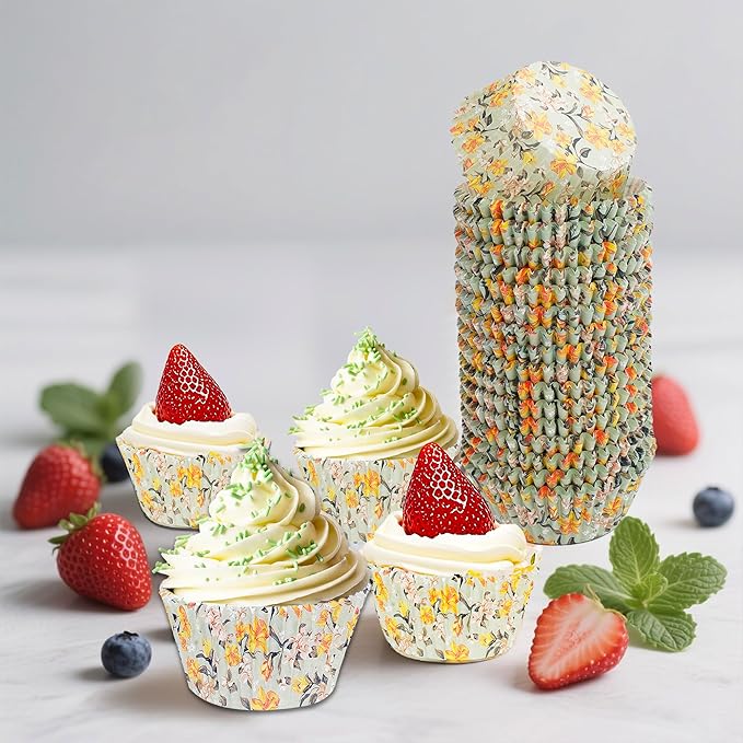 Floral Standard Cupcake Liners 400 Count Paper Baking Cups Food Grade Disposable Cupcake Wrappers, Green