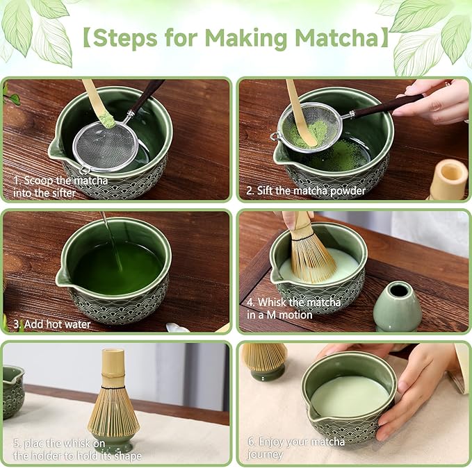 7 Pcs Matcha Whisk Set, Ceremony Matcha Kit with Matcha Bowl, Bamboo Whisk and Holder, Scoop and Scoop Rest, Sifter and Tea Towel, Gift for Matcha Lovers (Green/Wave-Patterned)