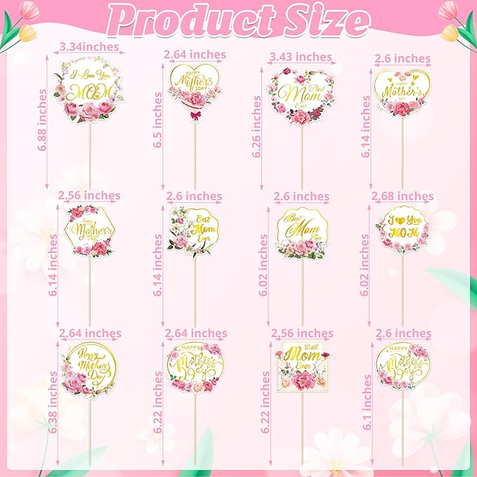 12 Pcs Happy Mothers Day Cupcake Topper, Flower Gold Foil Shape Mother's Day Cake Picks, Best Mom Ever Love You Mom Mother's Day Cake Sticks, Mom Cake Decorations for Mothers Day Party