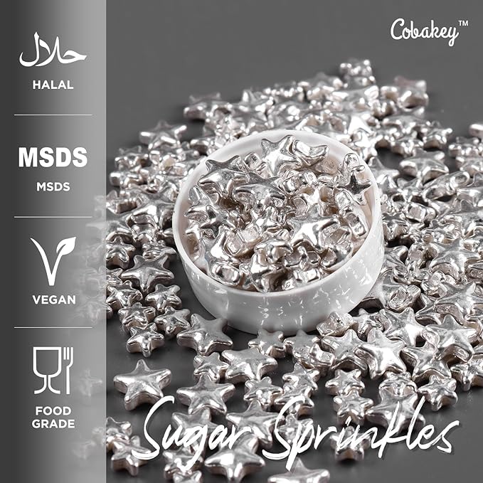 Cobakey Bright Silver Sprinkles for Cake Decorations 100g/ 3.52oz Star Metallic Pearl Sugar Sprinkles for Cupcake Toppers Wedding Party Valentines Halloween Christmas Supplies