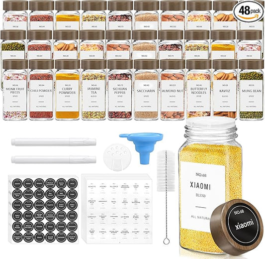 ZEHIQ 48Pcs Glass Spice Jars with Acacia Wood Lids, 4 oz Square Seasoning Containers with Labels, Seasoning Jars with Shaker Lids, Chalk Pen, Funnel, Cleaning Brush, Spice Bottles for Cabinet, Drawer