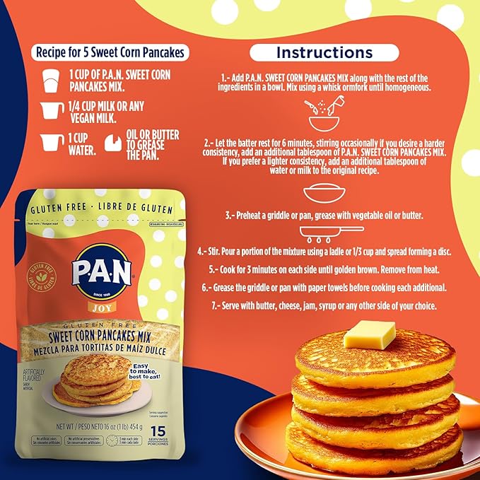 P.A.N Sweet Corn Pancakes Mix – Gluten Free Easy to Prepare 1 lb (Pack of 1)