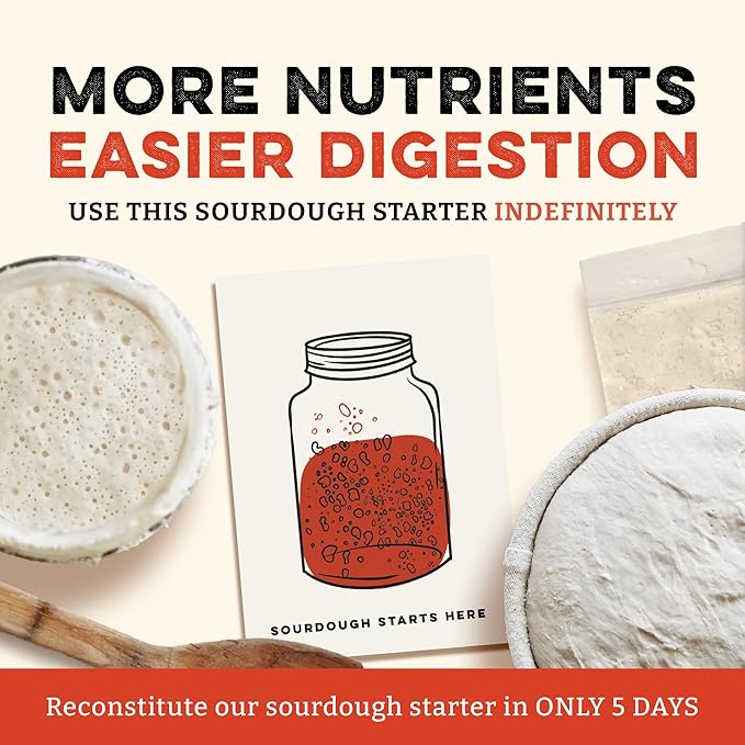 Sunrise Flour Mill Heritage Organic Sourdough Starter 0.32 oz, Organic Sour Dough Bread Starter, Great for Gluten Sensitive People, Beginner Friendly, Includes a Free Guide and Recipes.