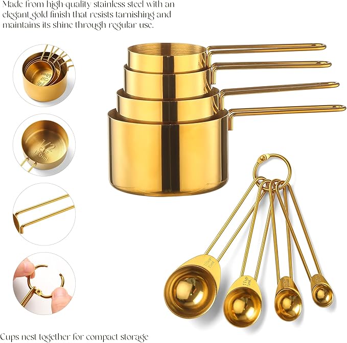 Gold Stainless Steel Measuring Cups and Spoons Set, Engrave Measurements, Dishwasher Safe, Durable Kitchen Set
