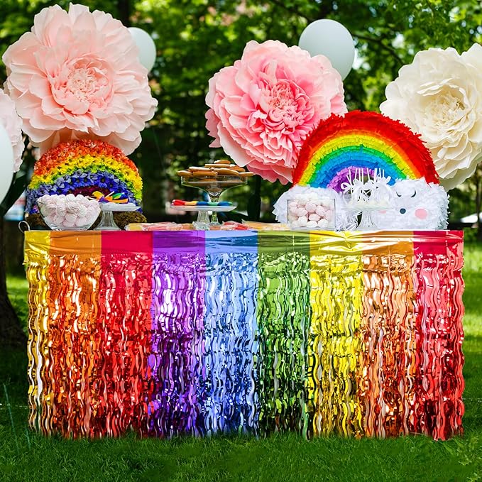 LOLStar Rainbow Party Decorations, 2 Pack Wavy Metallic Tinsel Foil Fringe Table Skirts, Perfect Table Decors for Birthday Holiday Wedding Engagement Bridal Shower Pride Party Cartoon Party