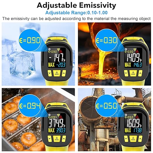 Infrared Thermometer Gun,-40°F to 1472°F,Digital Laser Temperature Gun with Thermocouple Probe,Non-Contact IR Temp Gun for Cooking, Pizza Oven, HVAC, Engine, Griddle, Adjustable Emissivity&MAX