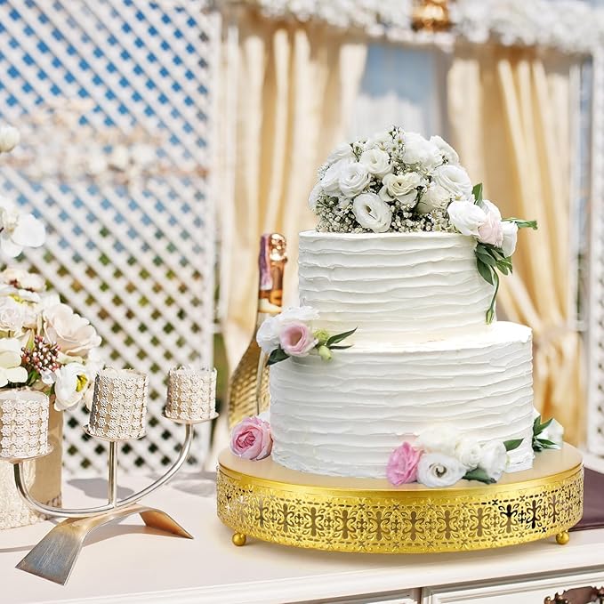 Wenqik Gold Cake Stand, 14 Inch Metal Round Cupcake Dessert Stand with Cake Knife and Server Wedding Cupcake Display Holder Cookies Serving Tray for Wedding Birthday Baby Shower Party