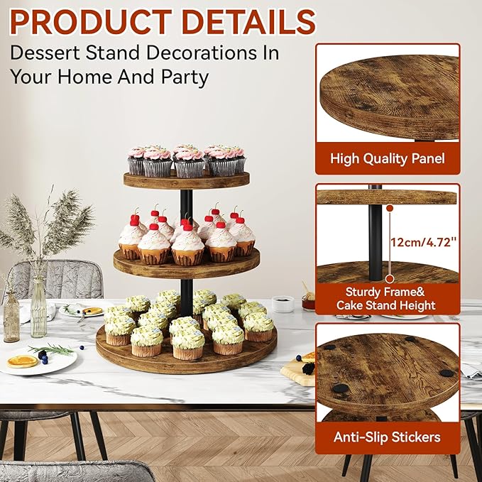 IBUYKE 3 Tier Cupcake Stand,Wood Durable Cupcake Tower,Round Serving Display Stand,Dessert Table Display Tree Tower for Birthday,Home Party, Wedding, Baby Shower,Rustic Brown UTLJ017H