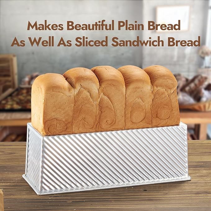 CURTA Commercial Pullman Loaf Pans with Lid 2.2 lb Dough Capacity Non-Stick Bakeware for Baking Bread Corrugated Bread Pans Extra large loaf pan Silver 1pcs