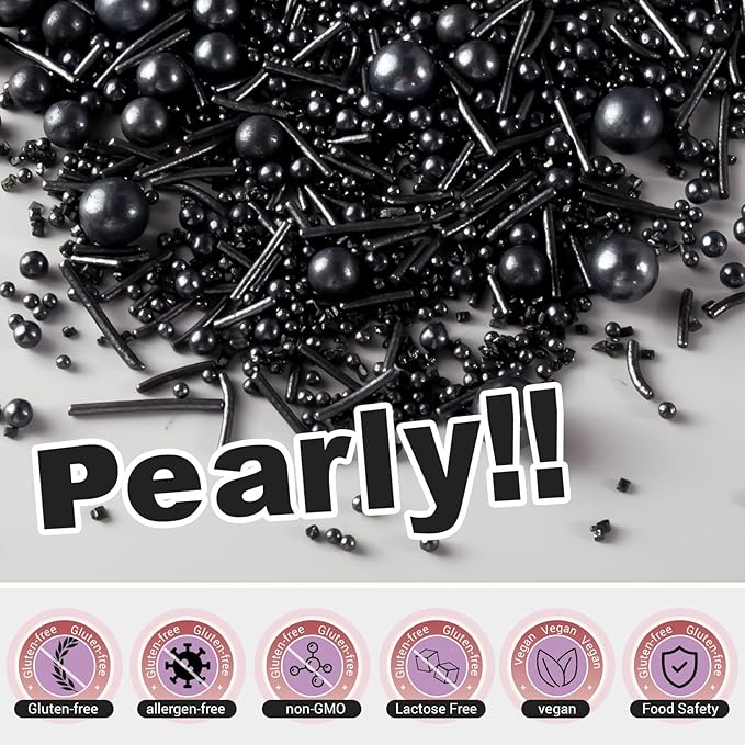 HUEBEATY 6-in-1 Black Edible Cake Pearls Sprinkles for Cake Cookies Decorating and Baking | 180g/6.36oz | Black Sanding Sugar for Cookies | Edible Graduation, Halloween Sprinkles and Decorations