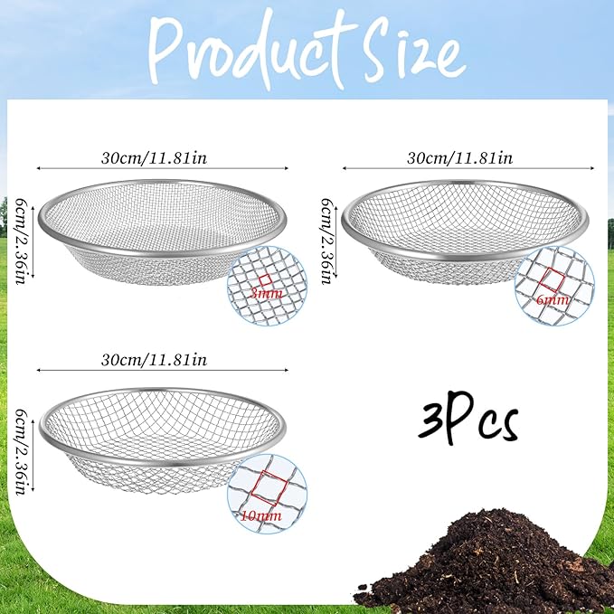 Garden Soil Sifter 3Pcs Compost Sifter Rock Sifters for Gardening, Fits 5-Gallon Buckets 3 Apertures