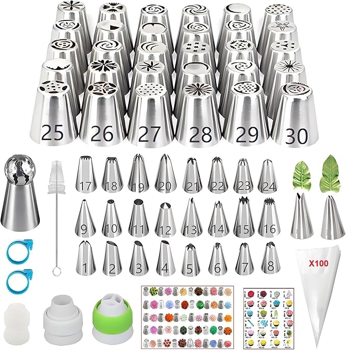 166 Pcs Russian Piping Tips Set, with 30 Numbered Russian Tips,24 Numbered Icing Tips,Pattern Chart,1 Ball Tip,2 Leaf Tips,100 Pastry Bags,3 Couplers for Cake Decorating