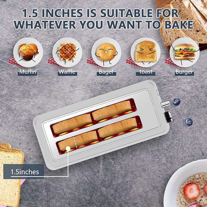 4-Slice Toaster, Extra Wide Long Slot Toaster, 6 Browning Settings, Bagel/Defrost/Reheat Functions, Removable Crumb Tray, Stainless Steel Housing (Silver)