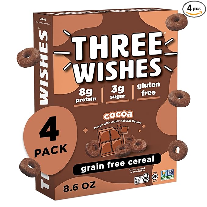 Three Wishes Grain-Free & Protein Cereal - Healthy, Low Sugar & Gluten-Free Breakfast Cereal - Low Carb, Plant-Based, Vegan & Non-GMO - Cocoa, 4-Pack