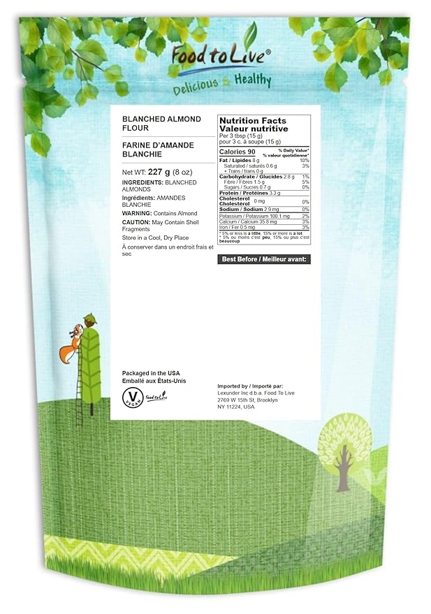 Food to Live - Blanched Almond Flour, 8 Ounces — Finely Milled, Raw, Vegan, Keto, Paleo. Good Source of Fiber, Protein, Vitamin E, Copper.