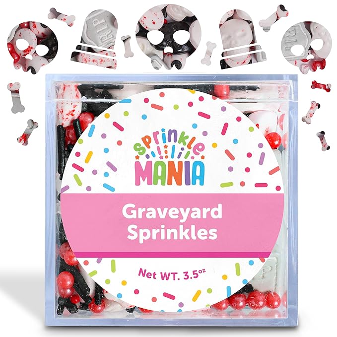 Spooky Halloween Sprinkles for Cake Decorating - Our Spooky Sprinkle Mix includes Eyeball, Bone, Tombstone & Skeleton Jimmies - Halloween Toppings for Cupcakes, Cookies & Drinks (Graveyard, 3.5oz)