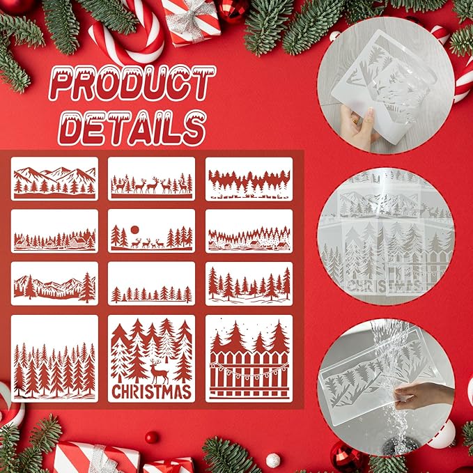 12 Pcs Large Christmas Window Stencils, Reusable Winter Scene Forest Reindeer Stencil, Mountain Tree Stencils for Painting on Wood Doormat Glass Fabric