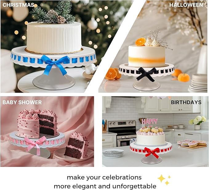 Ceramic Cake Stand, 12inch cake decoration supplies, Cake Pedestal Stand with 6 Ribbons, Cake Stands for Party or Birthday, White Cake Platter - Cake Display Stand for Wedding Reception, Pie Stand