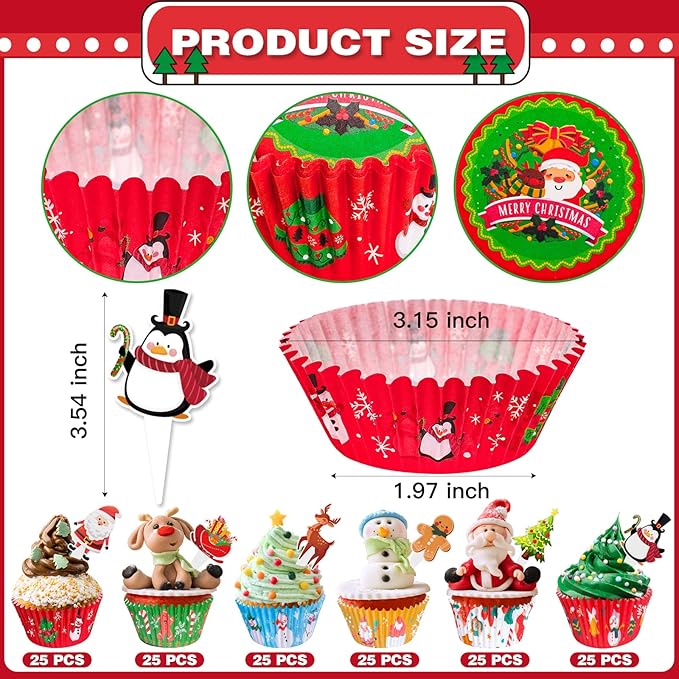 Christmas Cupcake Liners with Toppers Picks, Standard Wrappers Cupcake Disposable Baking Cups Muffin Liners for Xmas Holiday Party Favors, Party Decorations for Christmas Baking Supplies